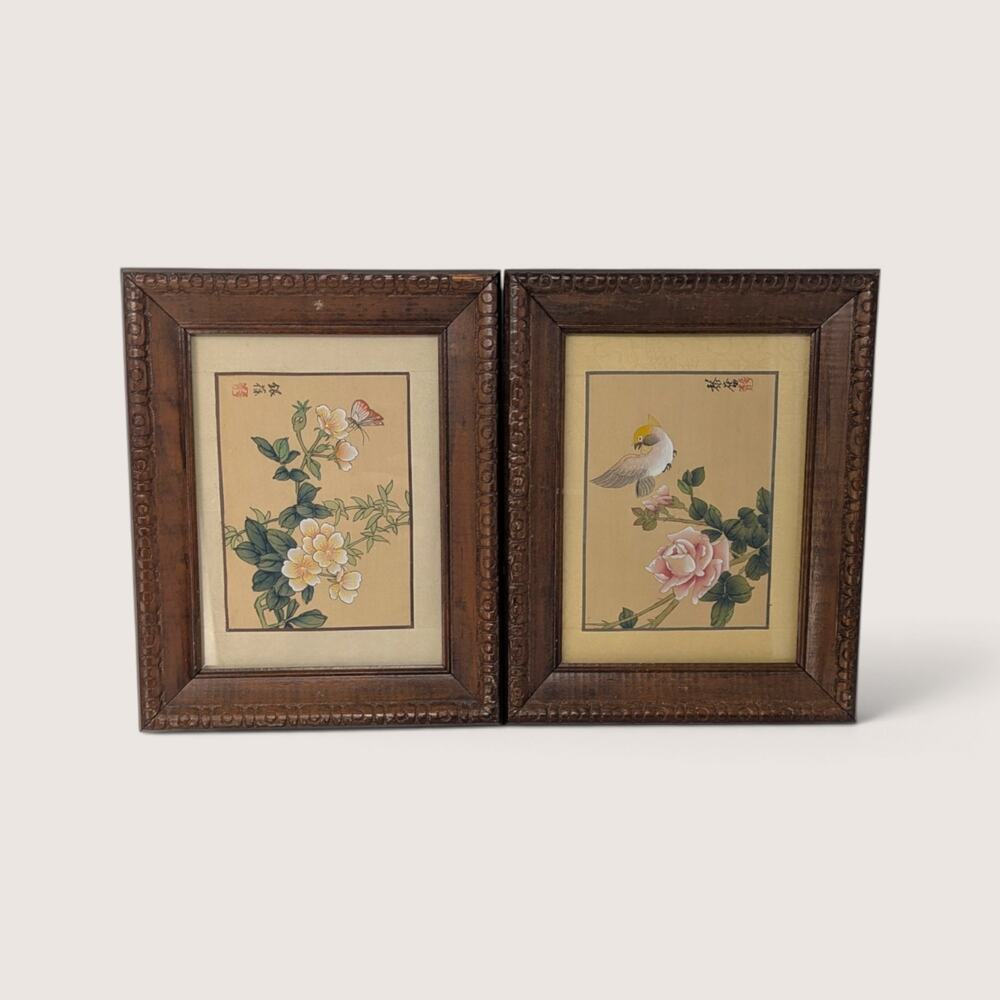 Vintage Asian Wood Framed Prints | Traditional Botanical Avian Art Pair